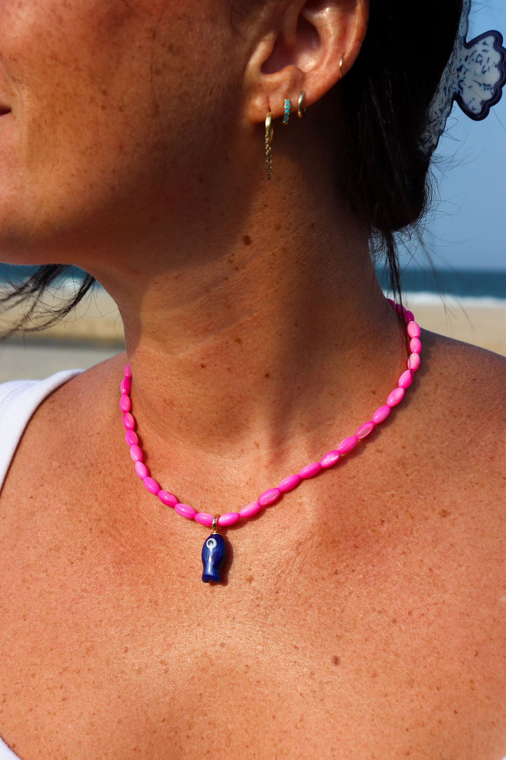 Hot Pink & Navy Fish Necklace
