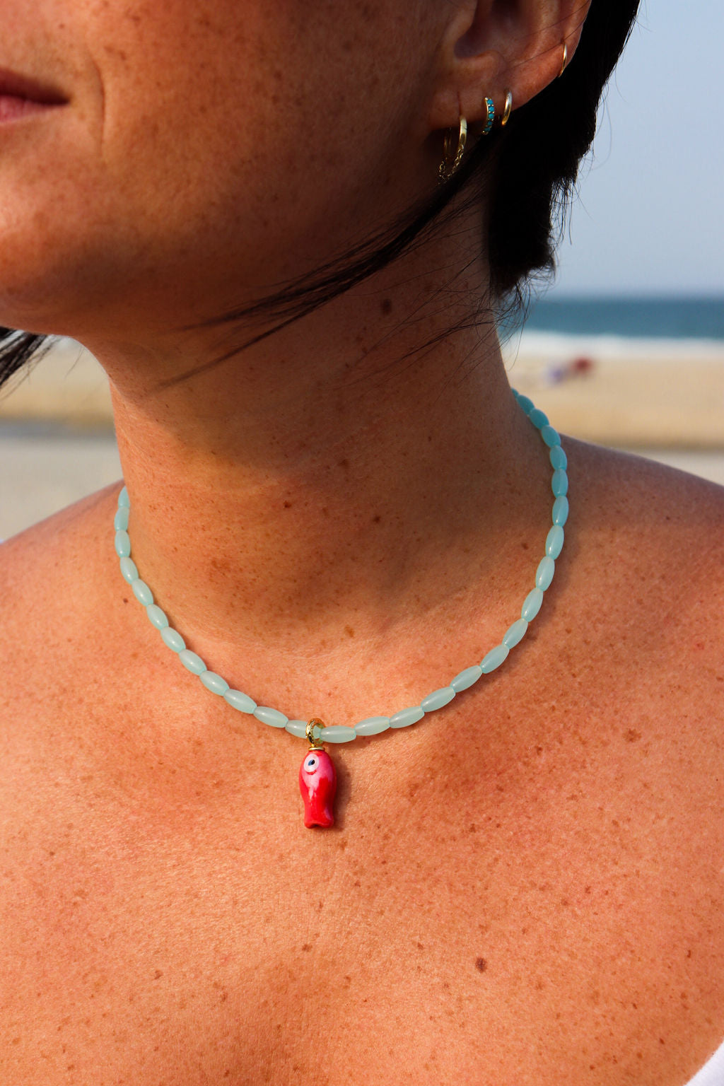 Light Blue & Red Fish Necklace
